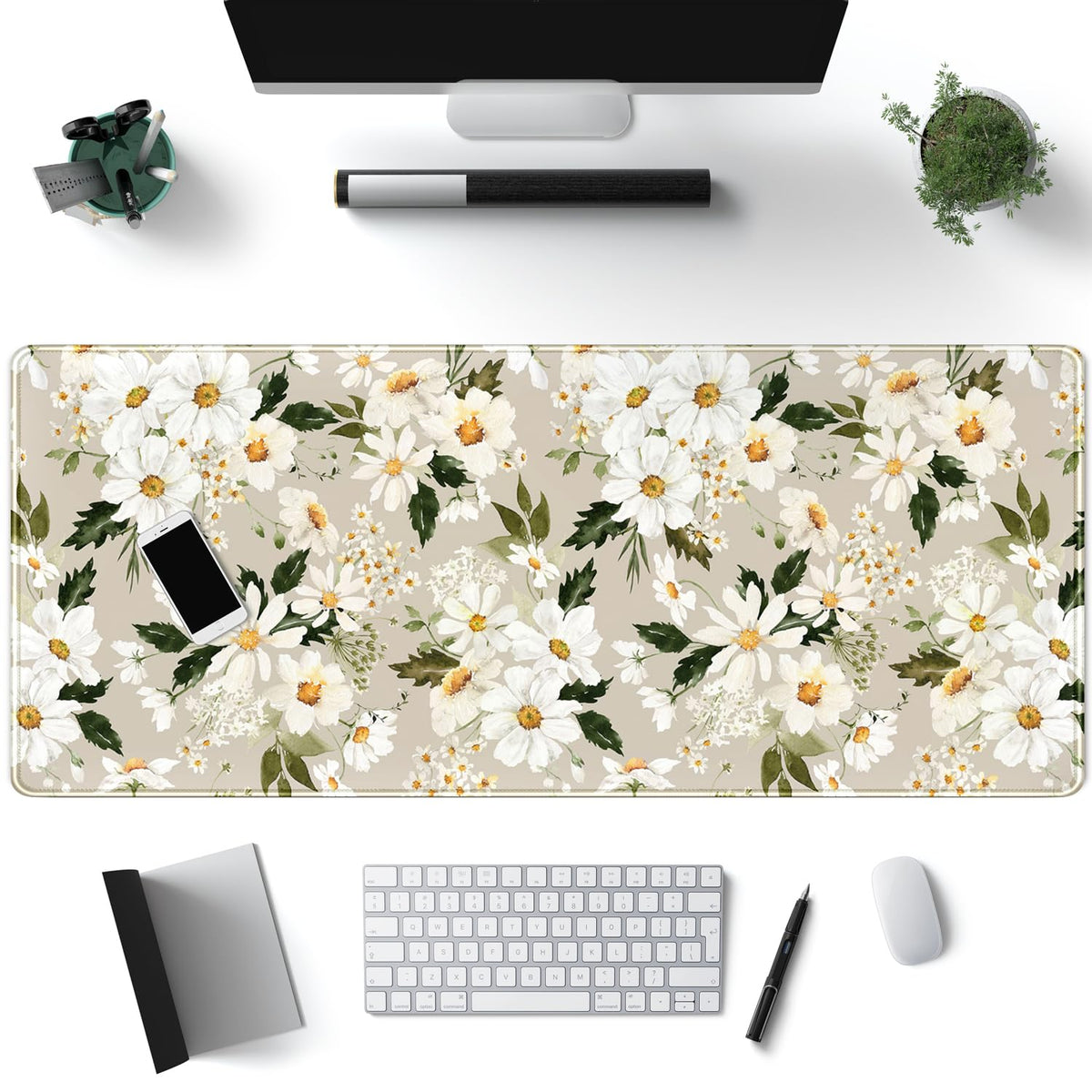 Daisy Floral Daisies Large Mouse Pad Watercolor Flowers Desk Mat, Washable Mousepad LYC Cloth