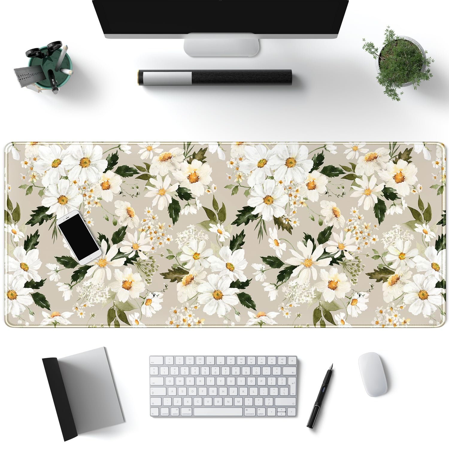 Daisy Floral Daisies Large Mouse Pad Watercolor Flowers Desk Mat, Washable Mousepad LYC Cloth