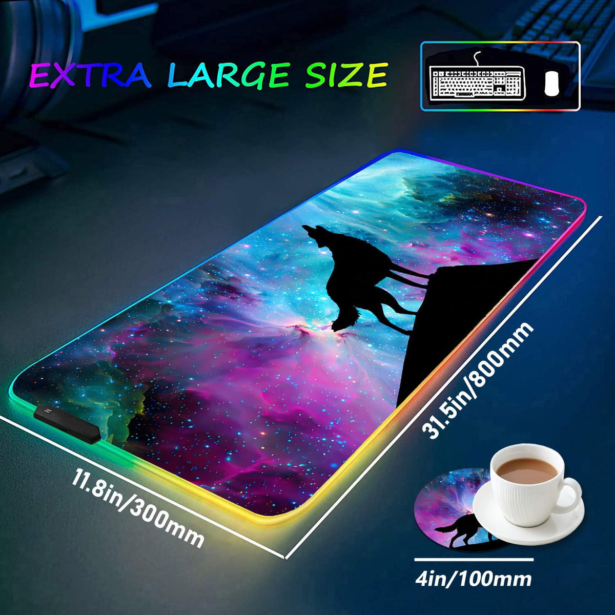 RGB Gaming Mouse Pad with Coffee Coaster, XXL Large Glowing LED Mousepad, Anti-Slip Rubber Base