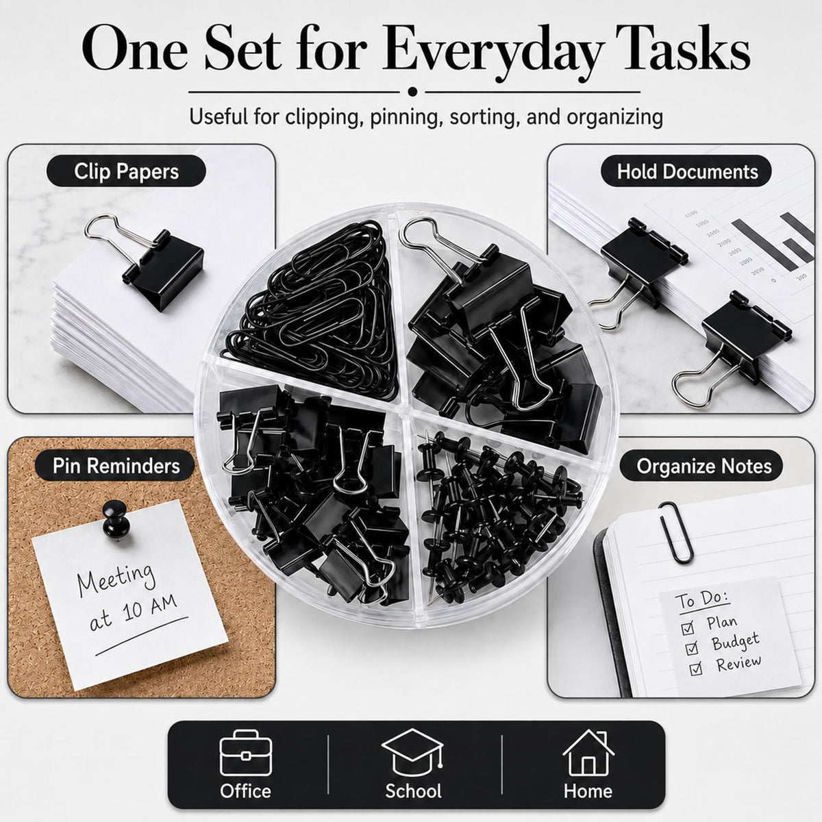 Creechwa Paper Clips Binder Push Pin Set, Assorted Sized Binder Clips