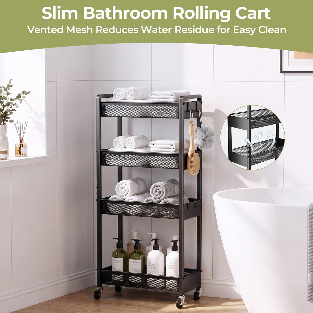 Delamu 4 Tier Slim Rolling Storage Cart, Utility Metal Narrow Cart 7.1" W
