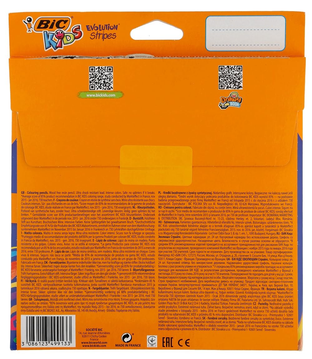 BIC Kids Evolution Stripes Colouring Pencils - Assorted Colours, 24 Count (Pack of 1)