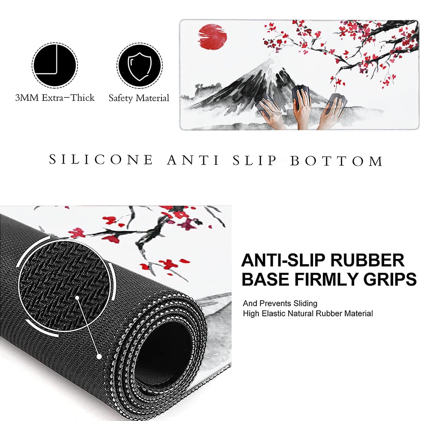 Japan Traditional Sumi-e Painting Extended Gaming Mouse Pad Large Desk Mat with Non-Slip Rubber