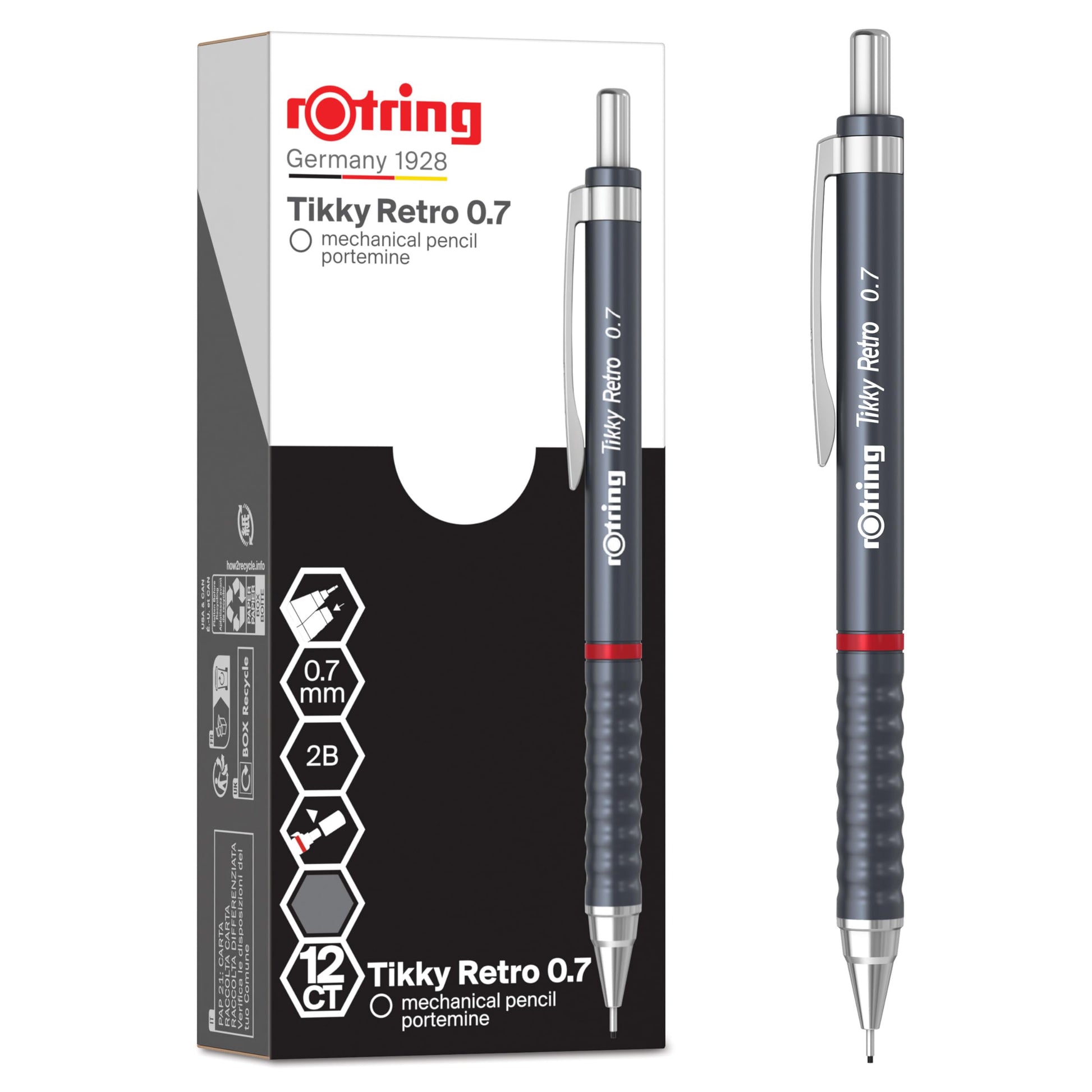 rOtring Tikky Retro Mechanical Pencils, 2B 0.7 mm, Grey Barrels, with Comfort Rippled Grip, 12 Count