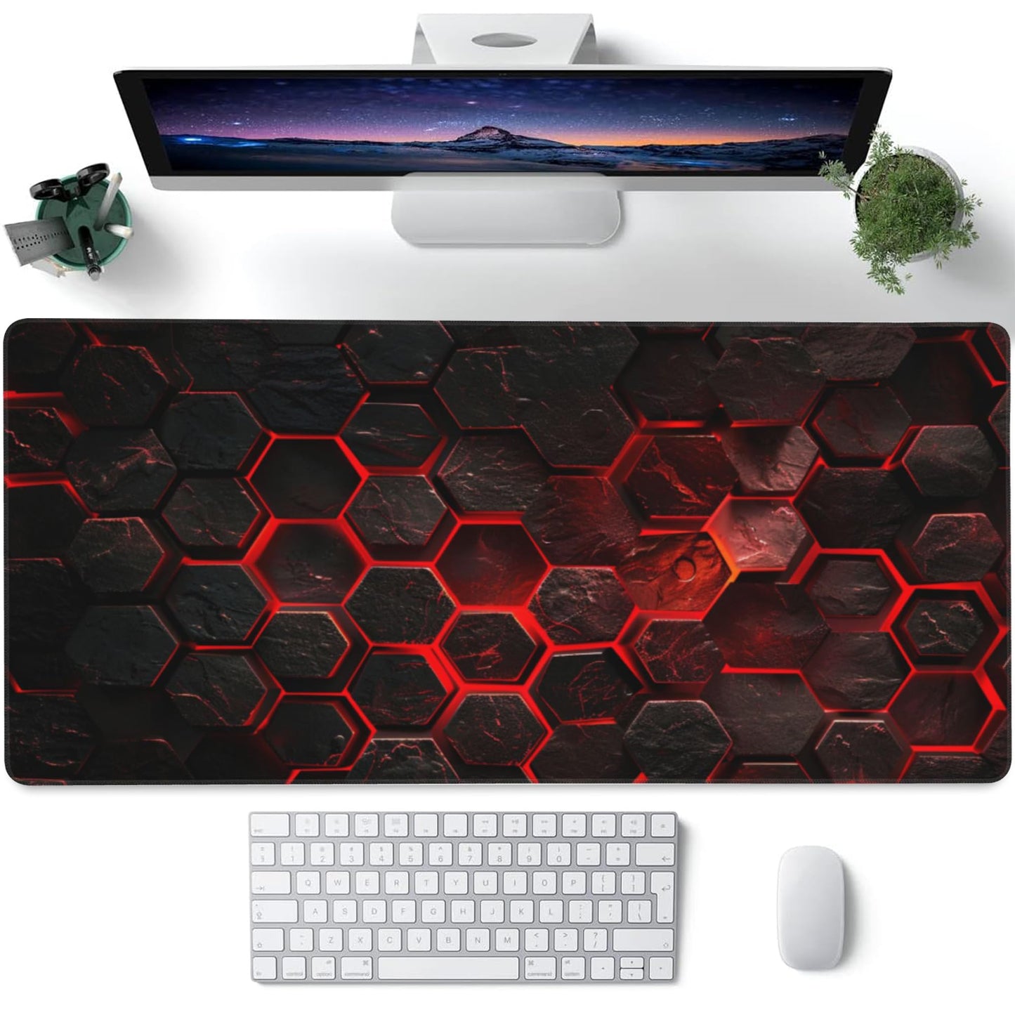 Large Gaming Mouse Pad for Desk,Red Honeycomb Science Technology Desk Mat,Honeycomb Hexagon Desk