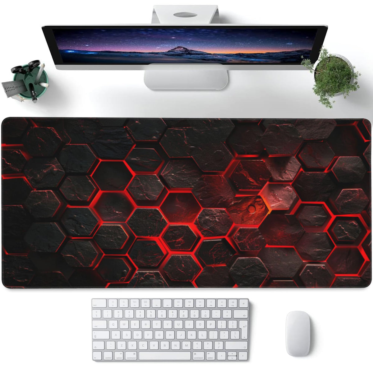 Large Gaming Mouse Pad for Desk,Red Honeycomb Science Technology Desk Mat,Honeycomb Hexagon Desk
