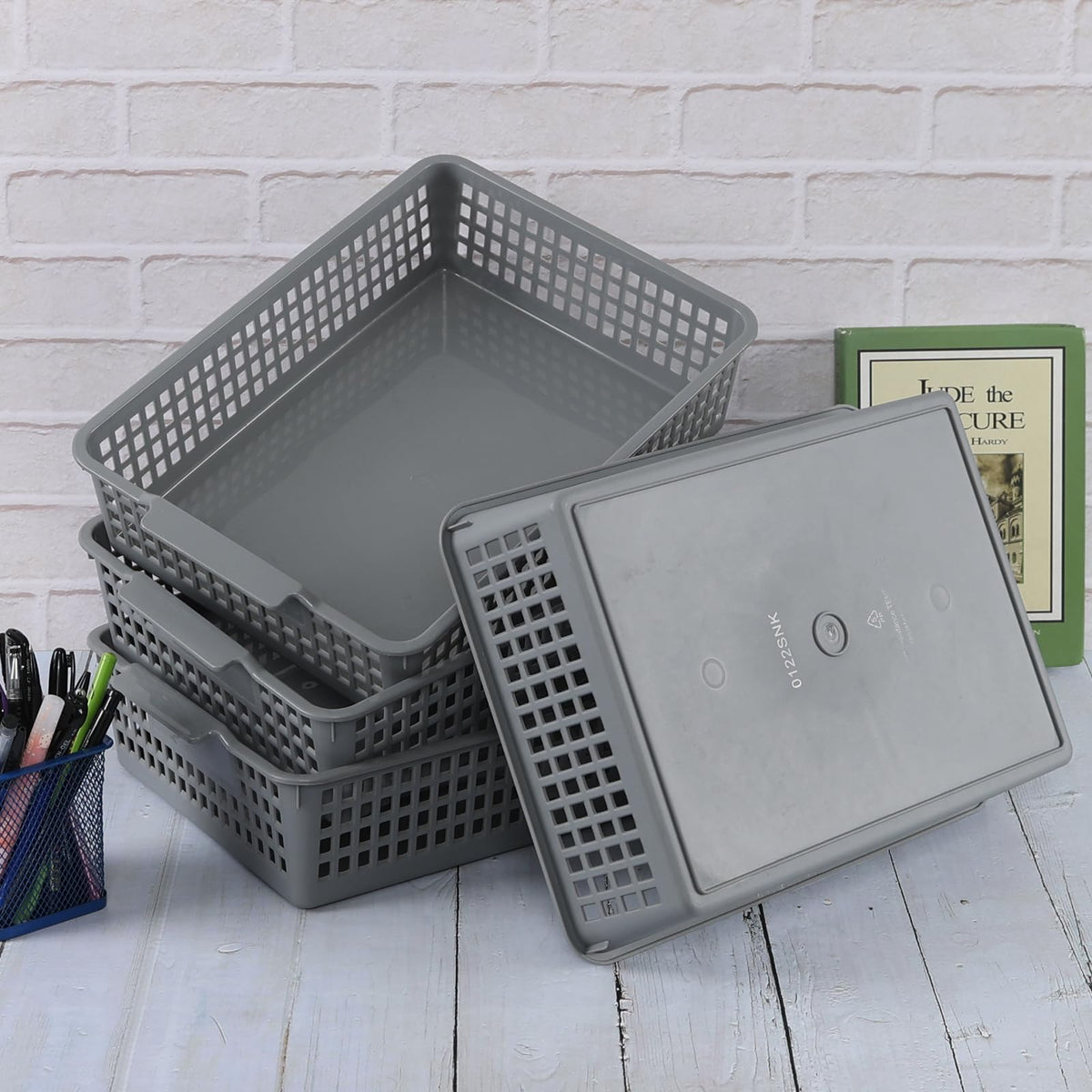 Doryh 6 Packs Plastic Storage Basket, Grey Office Organizer Basket Tray