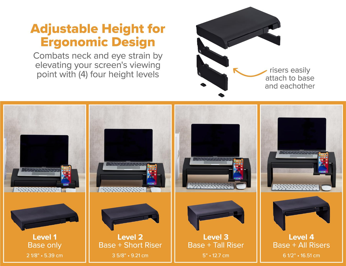 Bostitch Konnect Adjustable Monitor Riser with Drawer & Cell Phone Holder, Laptop Stand for Desk, 4