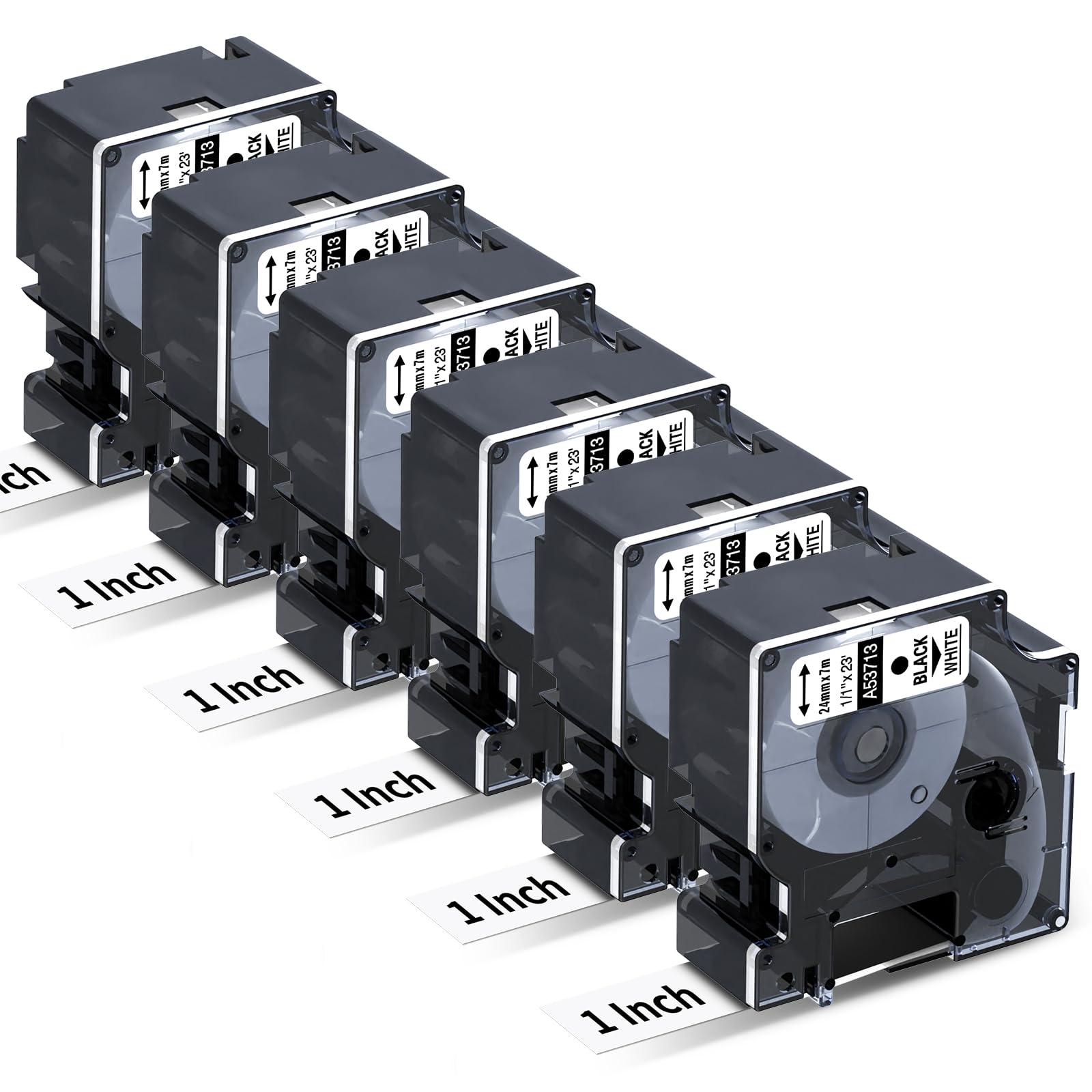 6X Replace for Dymo 1 Inch D1 Label Tape 53713 24mm Black on White Cassette