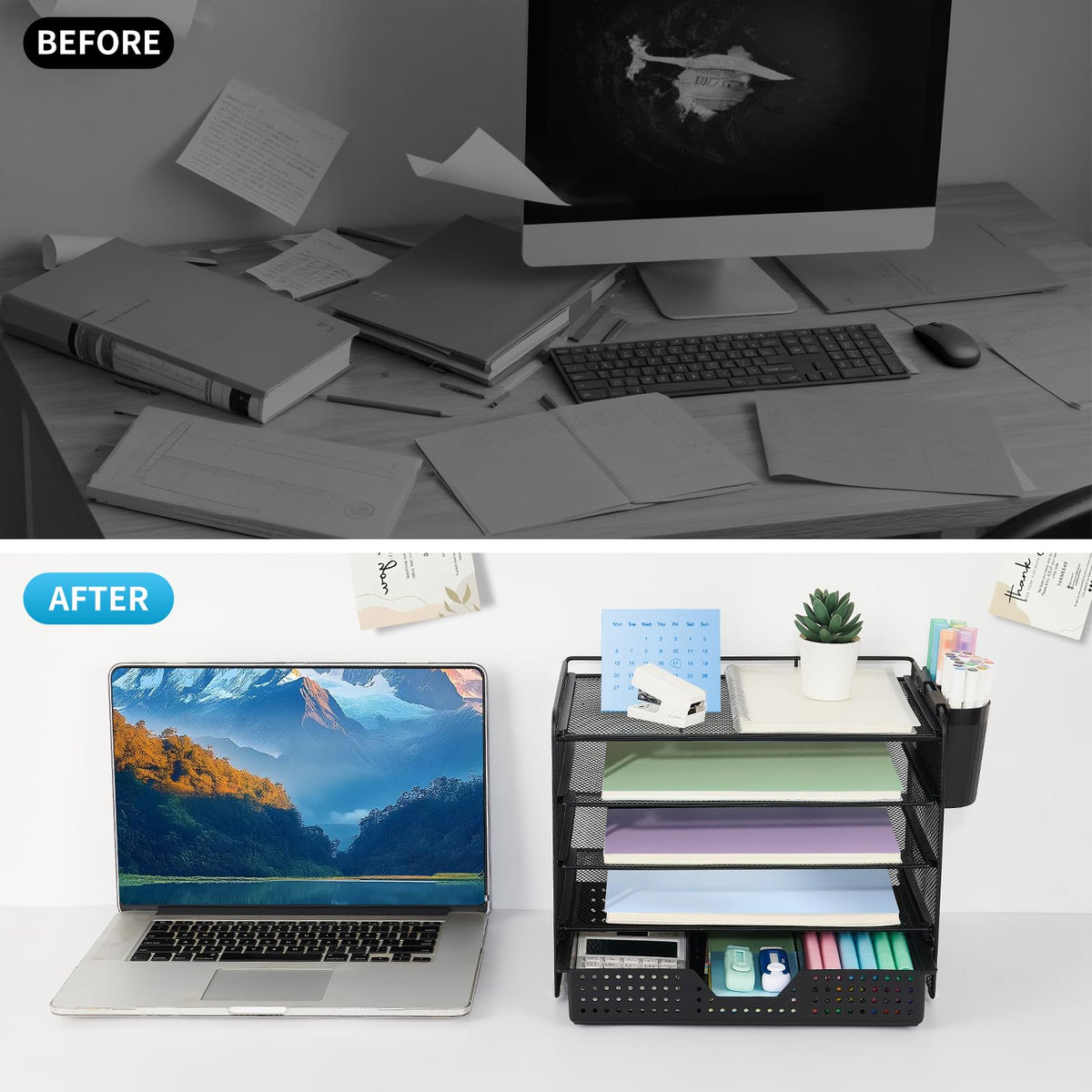 LEKETREE Desk Organizer and Accessories, 5-Tier Paper Letter Tray Organizer with Drawer & 2 Pen