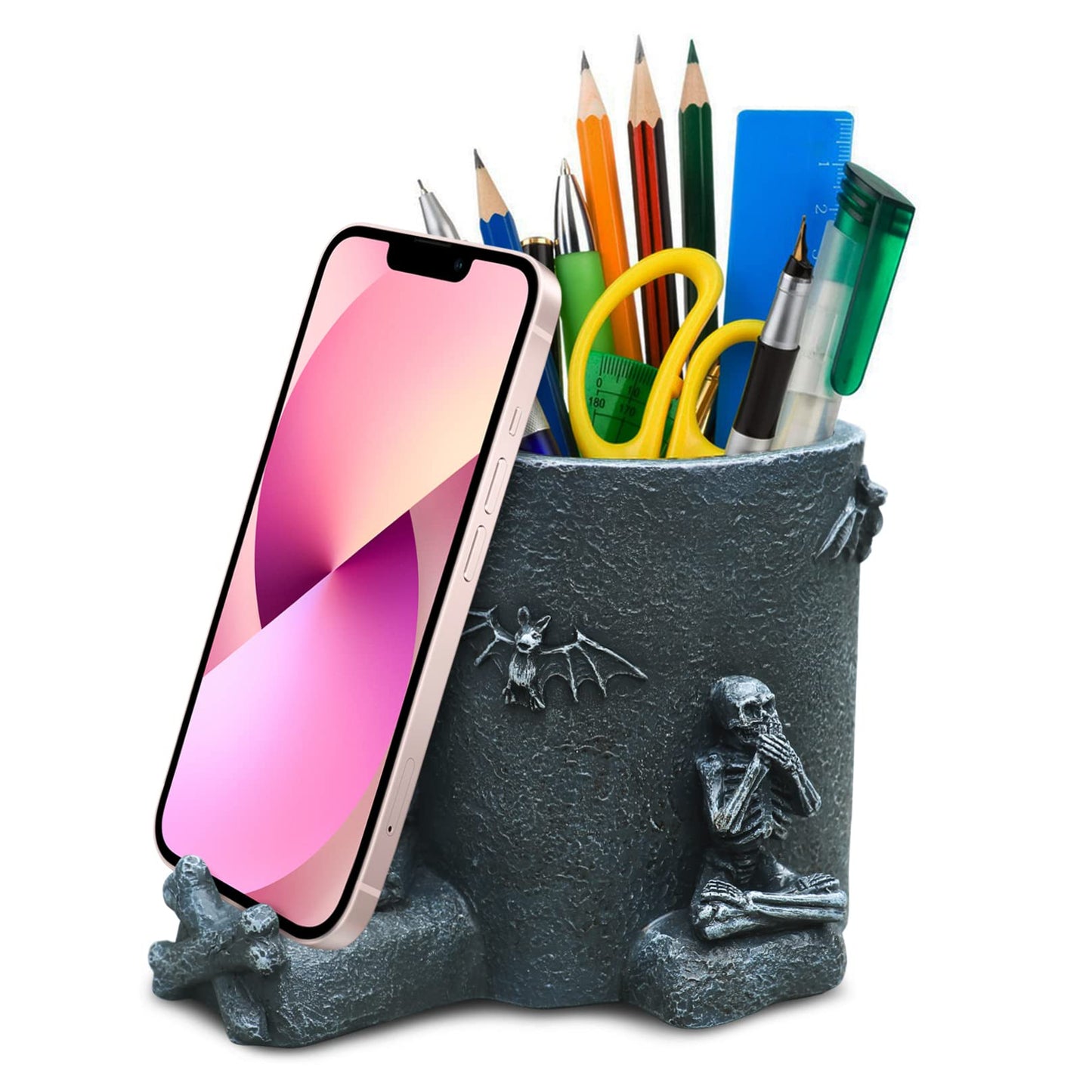 Skull Pen Holder with Phone Stand Gothic Desk Organizers Halloween Gifts