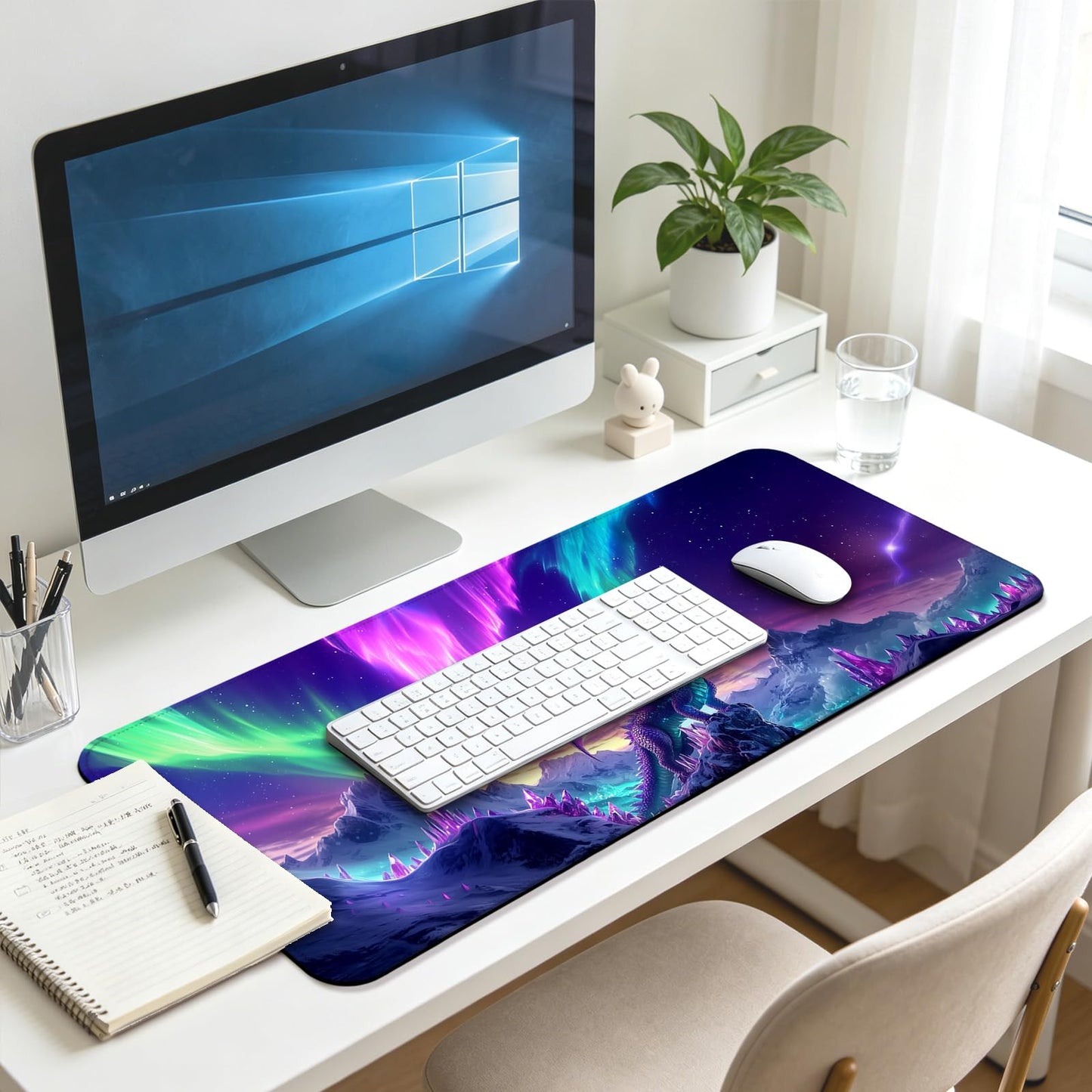 JIANG100 Fantasy Dragon Under Aurora Sky Gaming Desk Mat & Mouse Pad, XL