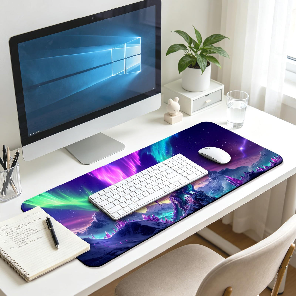 JIANG100 Fantasy Dragon Under Aurora Sky Gaming Desk Mat & Mouse Pad, XL