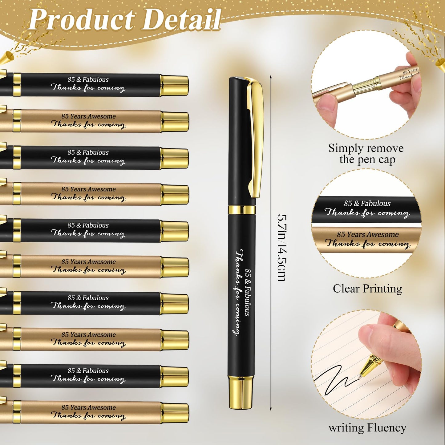 Feifeiya 50 Set 85th Birthday Favors with Black Gold Pens Cards