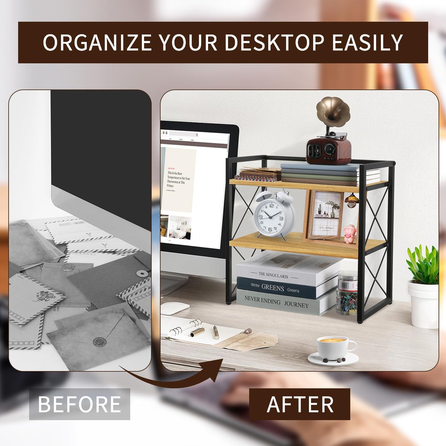 YINMIT Desktop Shelf Organizer, 2 Tier Office Shelves, Wood Desk Organizer Storage Rack and