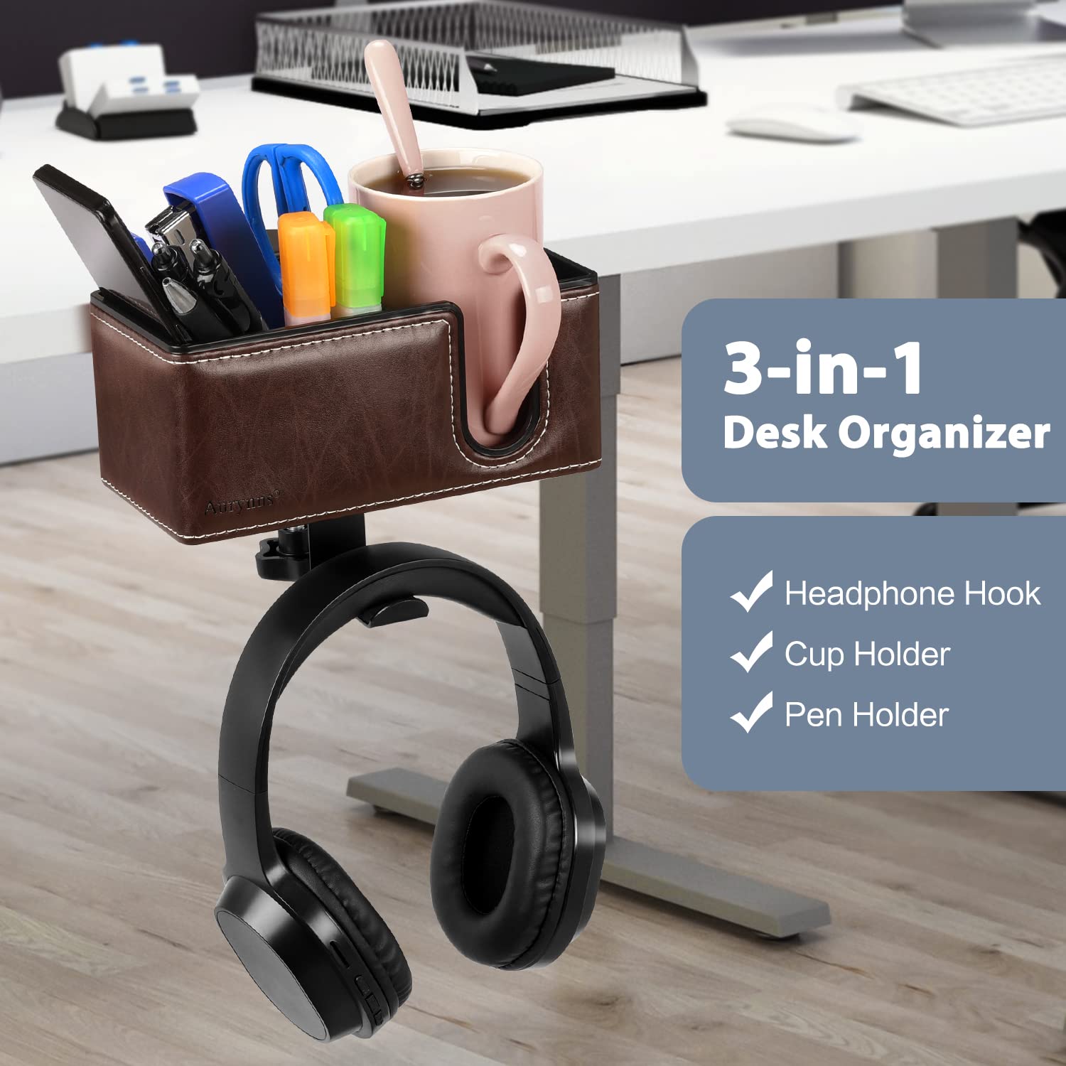 Under Desk Cup Holder Clamp on Cup Holder PU Leather Clip on Desk Organizer