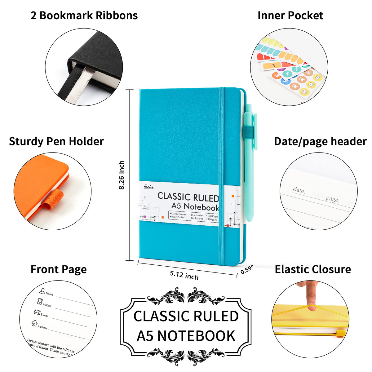 feela Journal Notebook Bulk for School, Hardcover Business Classic Ruled Lined Journals with Pen