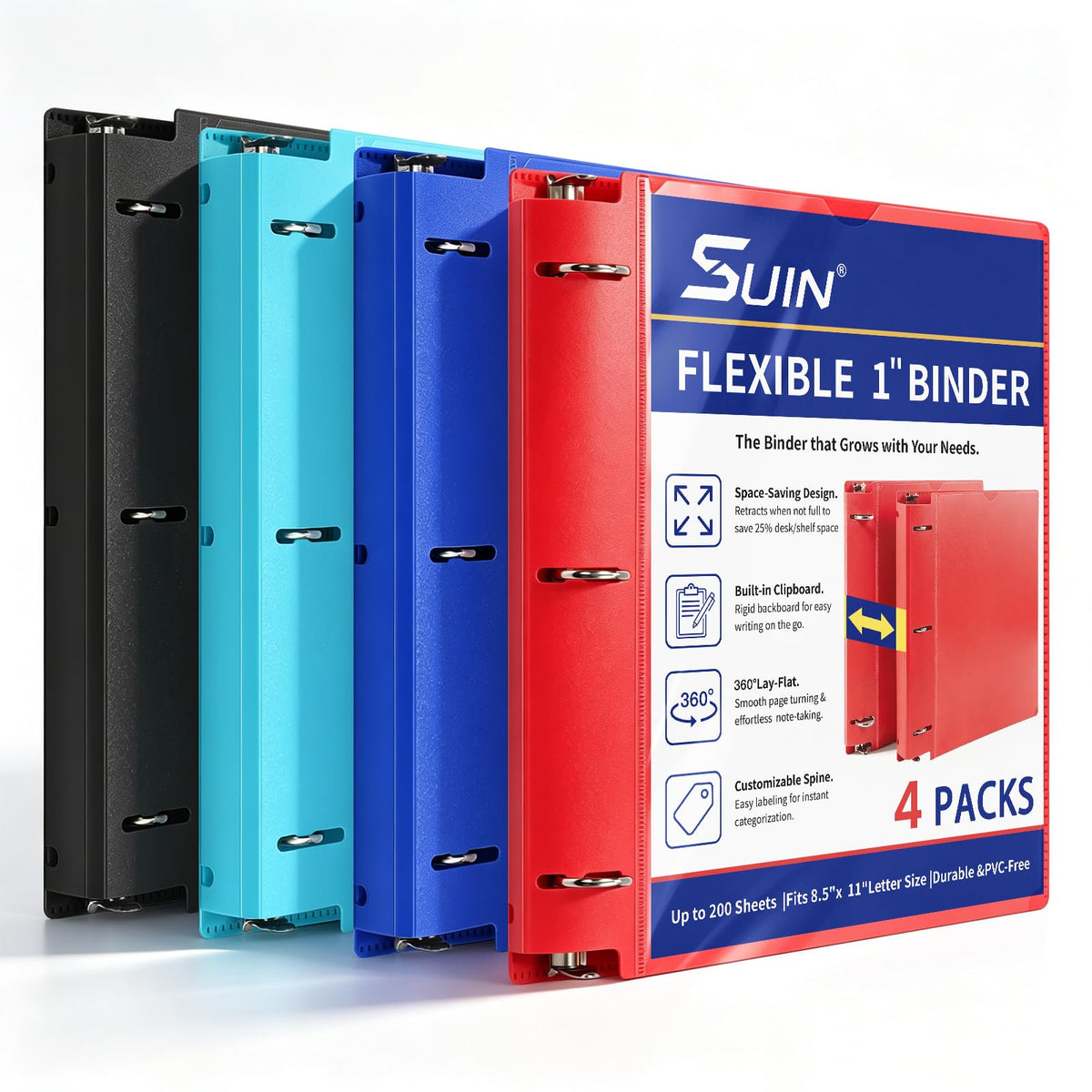 SUIN 1-inch 3 Ring Binders with Pocket, Expandable 1.2 inch Spine Binder, 4 Color-Code with Clear
