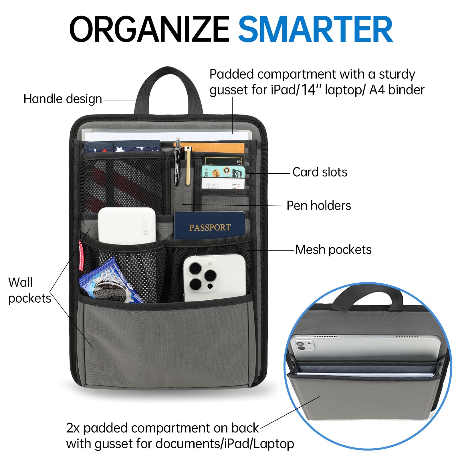 DELTAMANN Slim Rugged Backpack Organizer Insert for Business Casual Men Women -13 Pockets,Padded