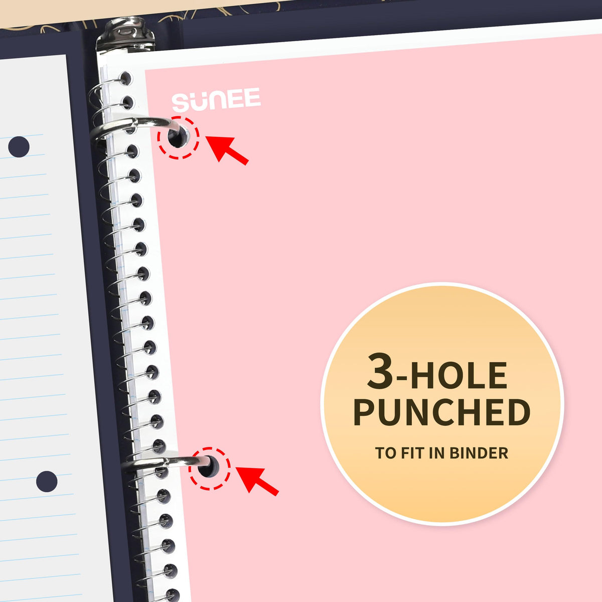 SUNEE Spiral Notebooks College Ruled, 1-Subject, 4 Pack, 8 x 10-1/2 in, 70 Sheets, 3-Hole Punched