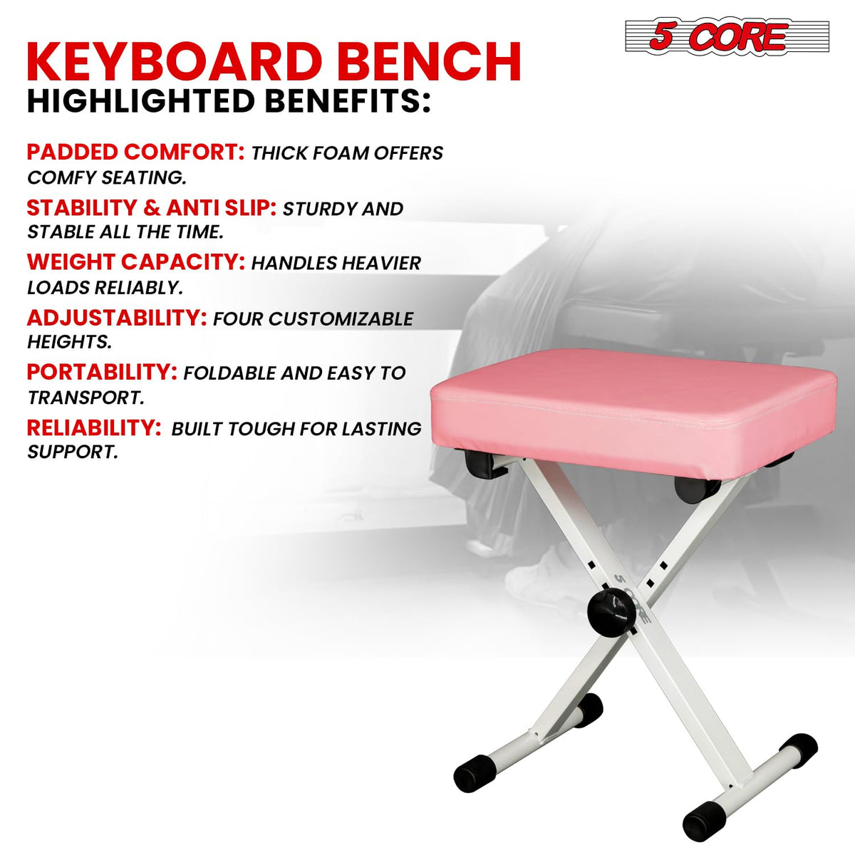 5 CORE Keyboard Bench 3 Inch Padded Seat Adjustable Piano Stool X-Style 20.5 Inch Height