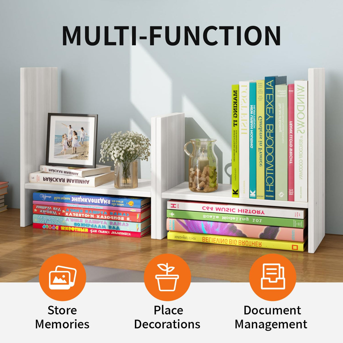 JLD Wood Adjustable 5-Shelf Desktop Bookshelf, Expandable Office Storage Rack, White