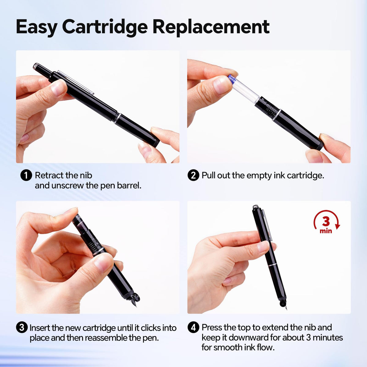 WRITECH Fountain Pen Left Handed: Retractable Fine Nib Black Ink Clictek