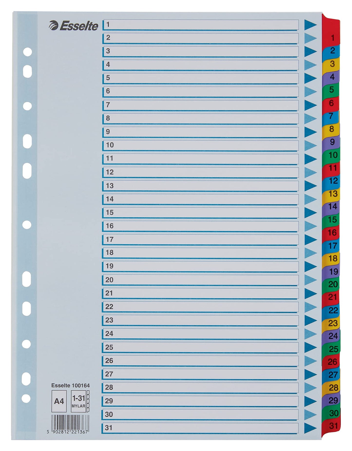 Esselte 100164 A4 1-31 Index, Heavy Duty Cardboard with Mylar Reinforced Tabs, Multicolour