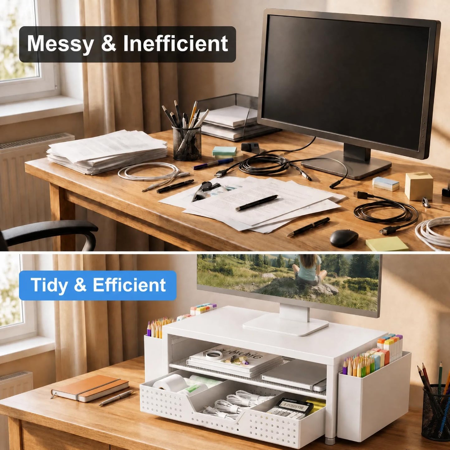 ECOLOVI Desk Organizer and Accessories, 2-Tier Computer Monitor Stand Rise with Storage Drawer & 2