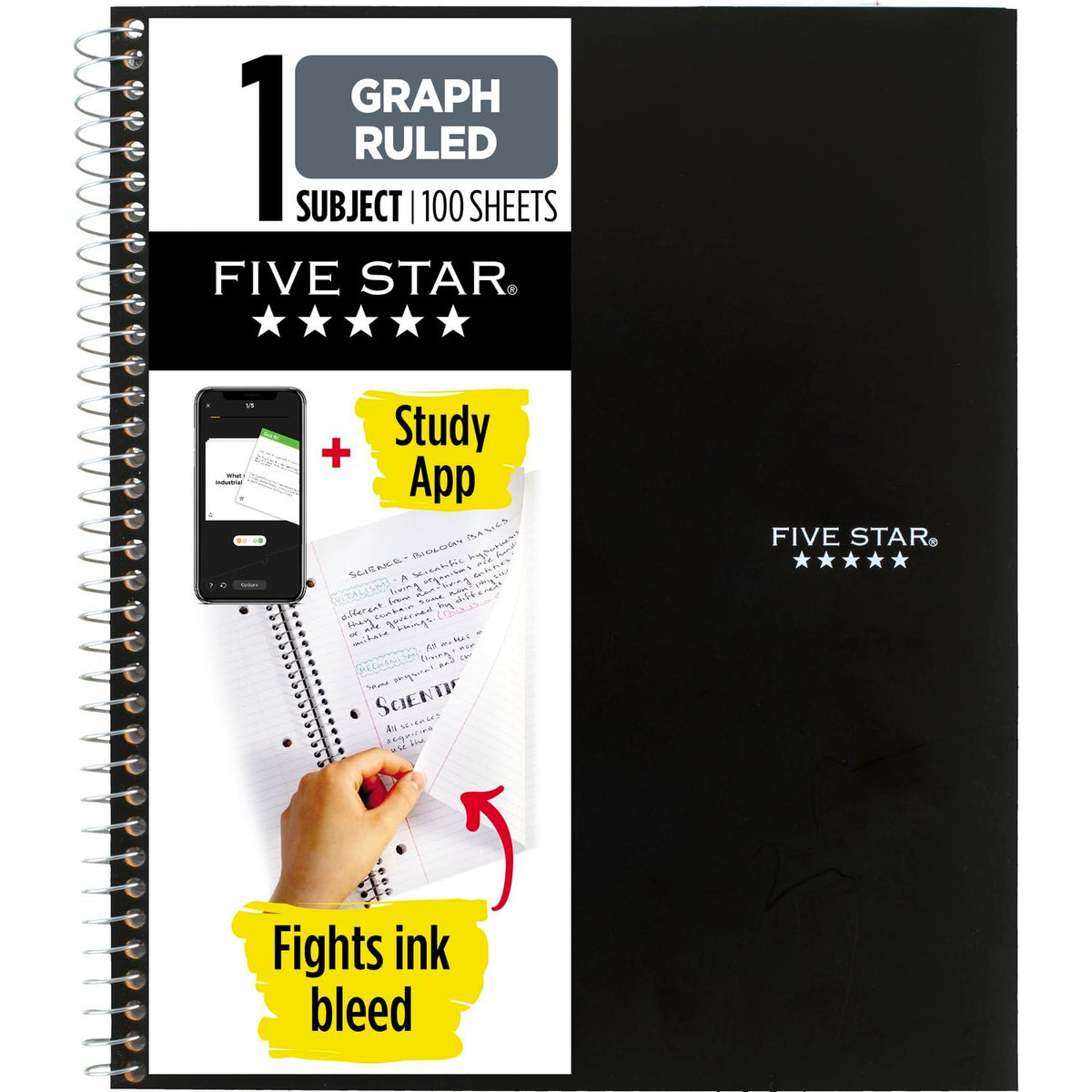 Five Star Spiral Notebook + Study App, 1 Subject, Graph Ruled Paper, Fights Ink Bleed, Water