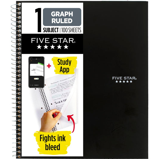 Five Star Spiral Notebook + Study App, 1 Subject, Graph Ruled Paper, Fights Ink Bleed, Water