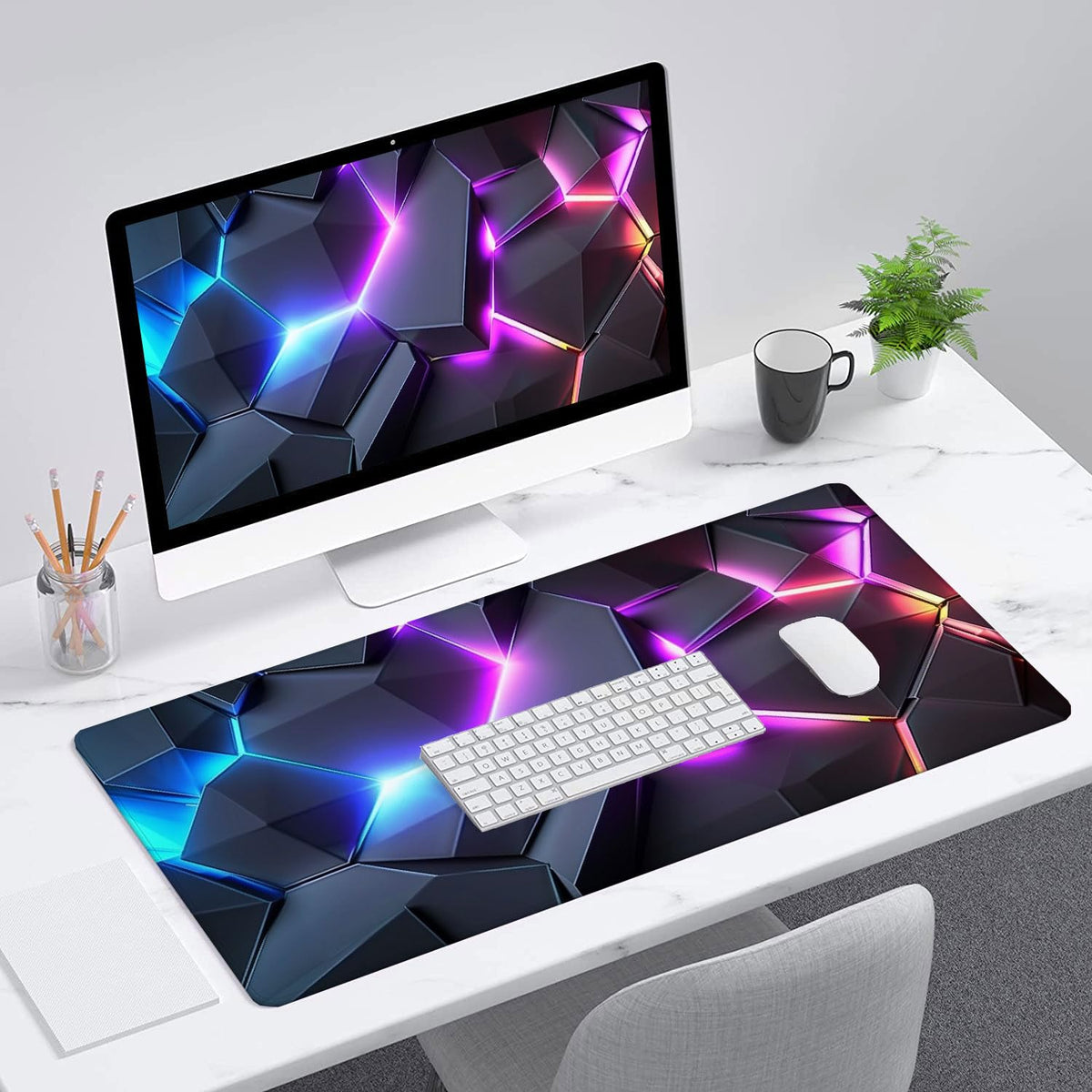 Neon 3D Geometry Desk Pad Mouse Pad Colorful Crack Cool Extended Gaming Mouse Pad Mat with Stitched