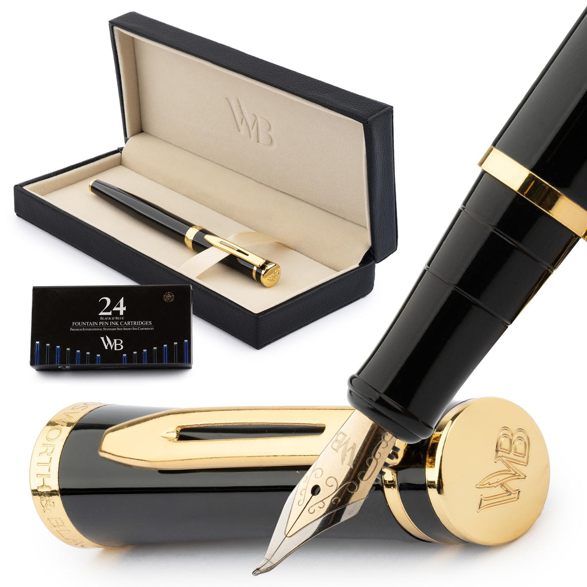 Wordsworth & Black Luxury Fountain Pen Set for Writing, Bent Nib, Black
