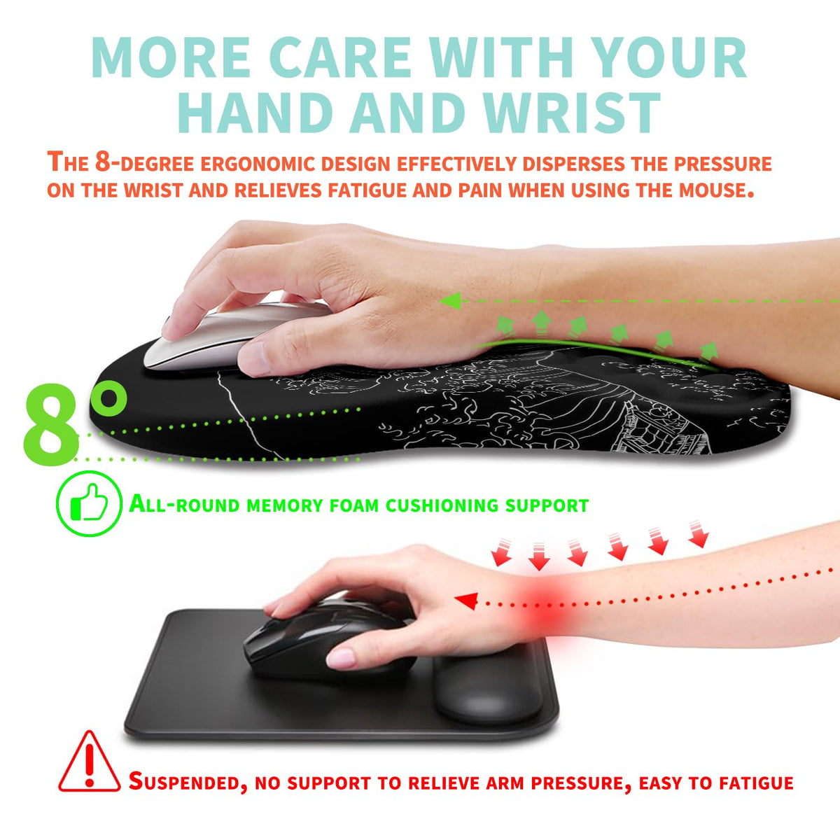 Kuosgm Ergonomic Mouse Pad Wrist Support with Memory Foam Massage Bulge, Carpal Tunnel Pain Relief