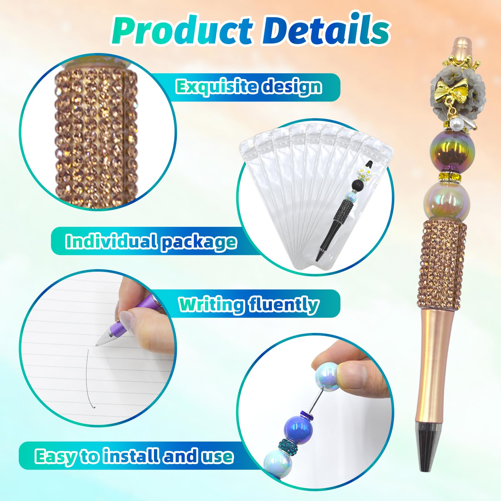 DASTTUIS 75 Pcs DIY Diamond Beadable Pen Kit - 25 Plastic Rhinestone Beaded Pens Bulk with Refills