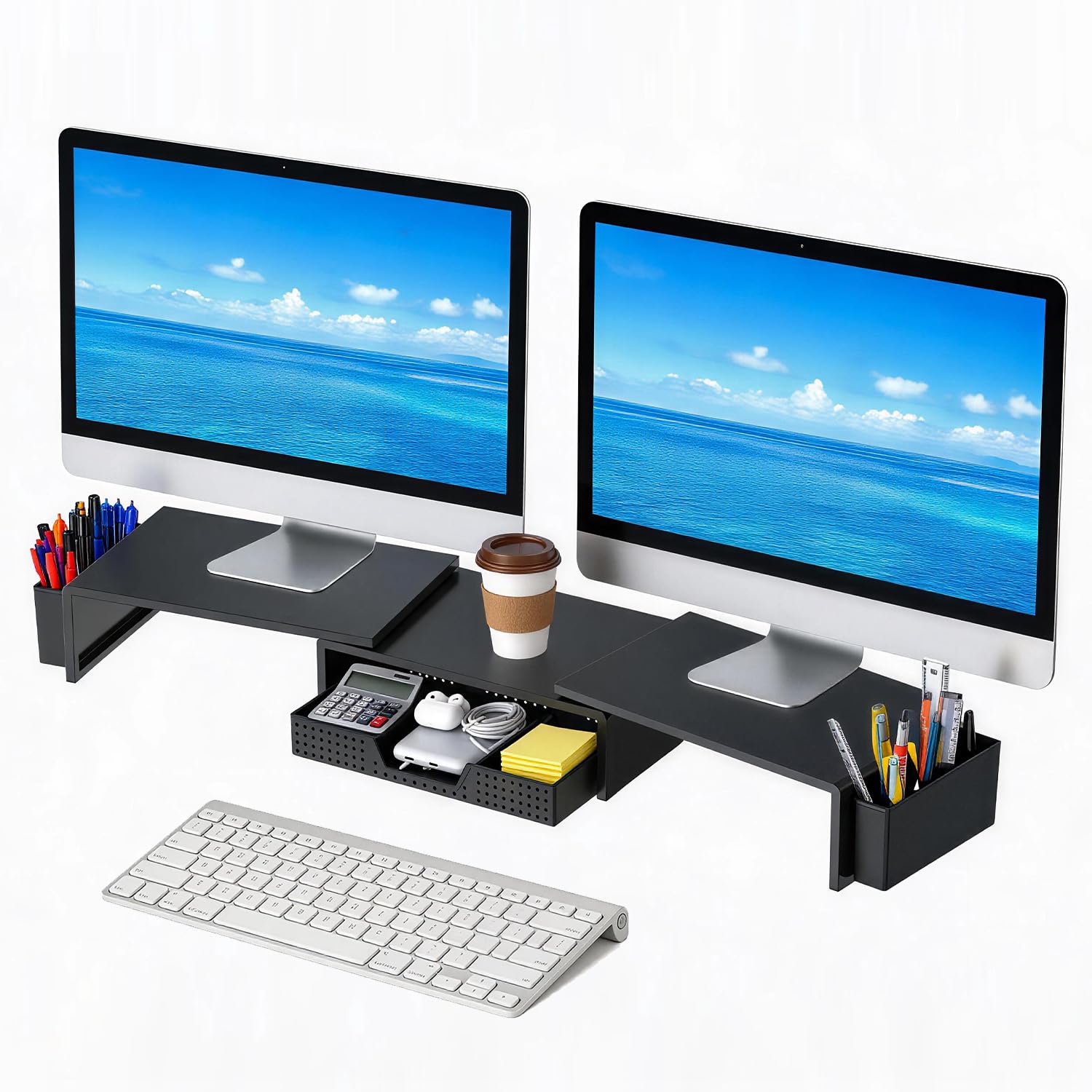 LEKETREE Dual Monitor Stand Riser with Drawer and 2 Pen Holders, Black