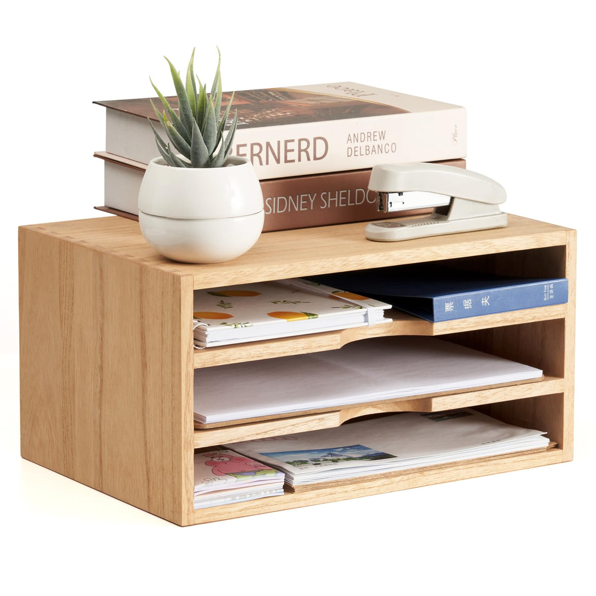 KIRIGEN Wooden Desk Organizer 3-Tier Letter Tray and Paper Sorter, Natural