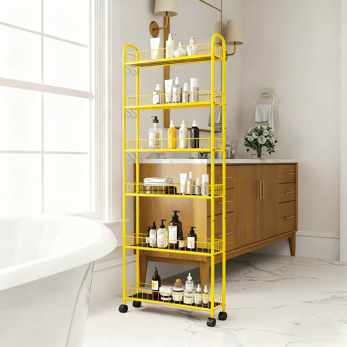 RUOZTEOO 6-Tier Slim Storage Cart with Wheels, Metal 6in Narrow Rolling Shelf, Sturdy Slim Storage