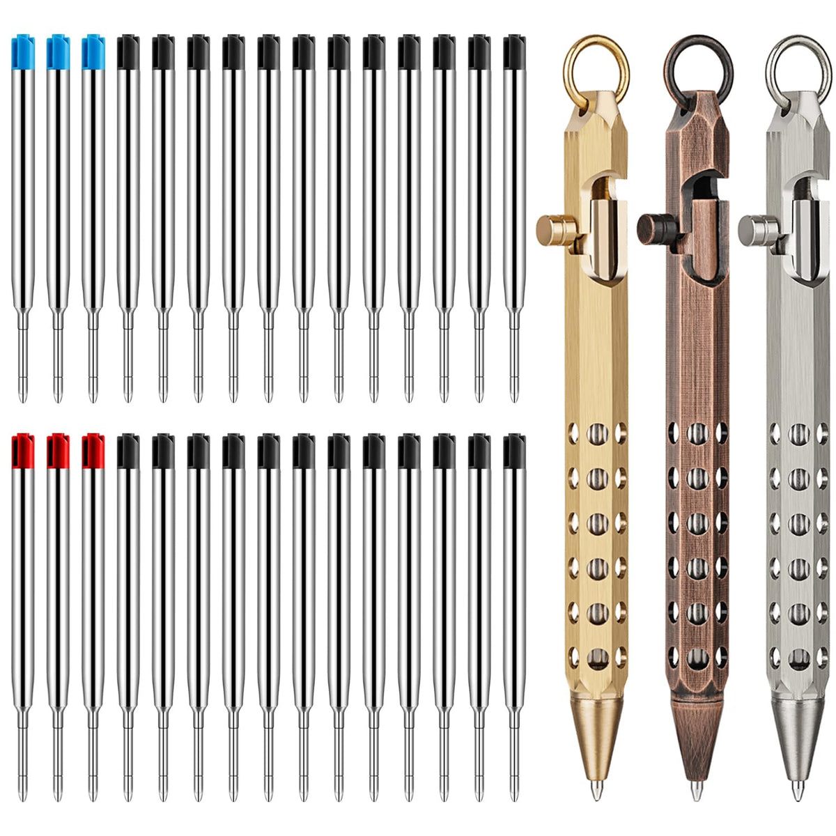 Origin-Joy 3 Pack Bolt Action Pen Set, Six Edge Solid Brass EDC Pocket Tactical Pen With 30