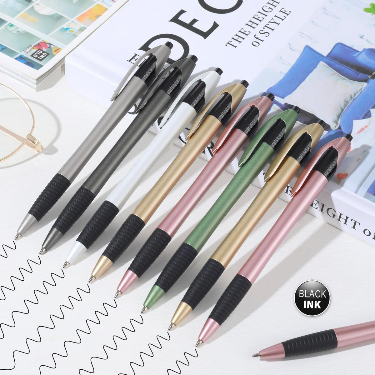 Sikao Pens Bulk, 60 Pack Gripped Slimster Ballpoint Pens -Luxe Metallic