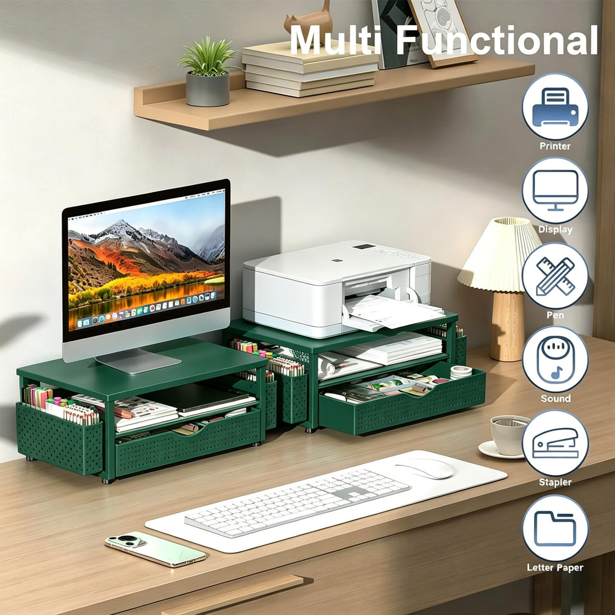 Spacrea Desk Organizers and Accessories, Printer Stand with Storage, Green