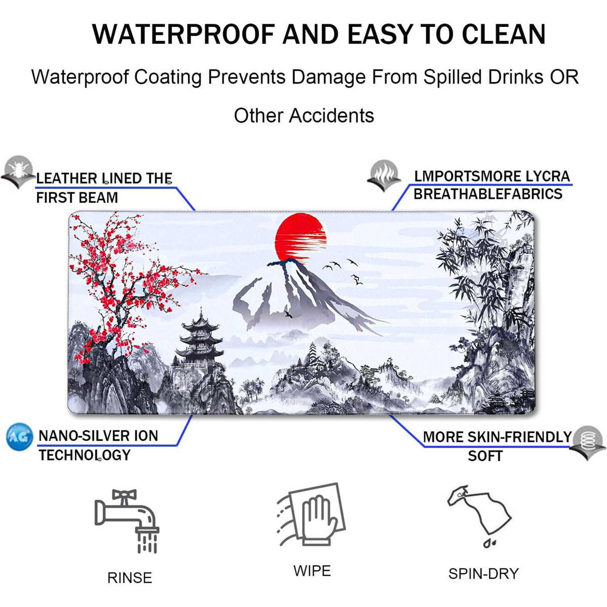 Gaming Mouse Pad Ink Pattern, 31.5x15.7 Inch Waterproof Computer Big Mousepad Non-Slip Mouse Mat