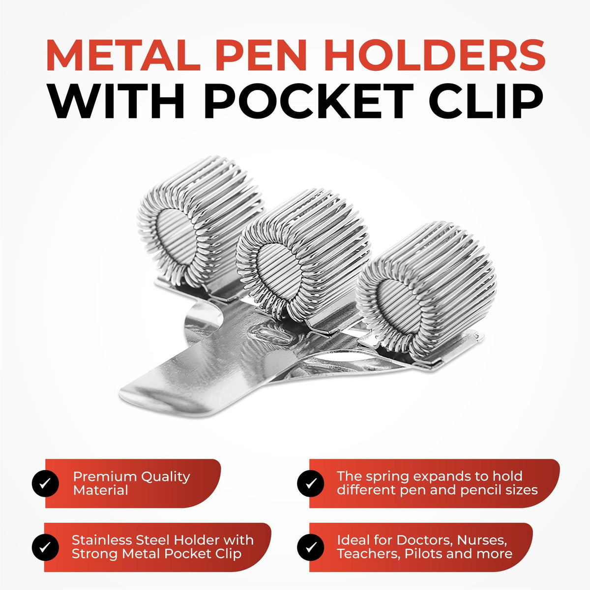 Janrax Double Hole Metal Pen Holder with Pocket Clip - Doctors, Nurse, Uniform etc