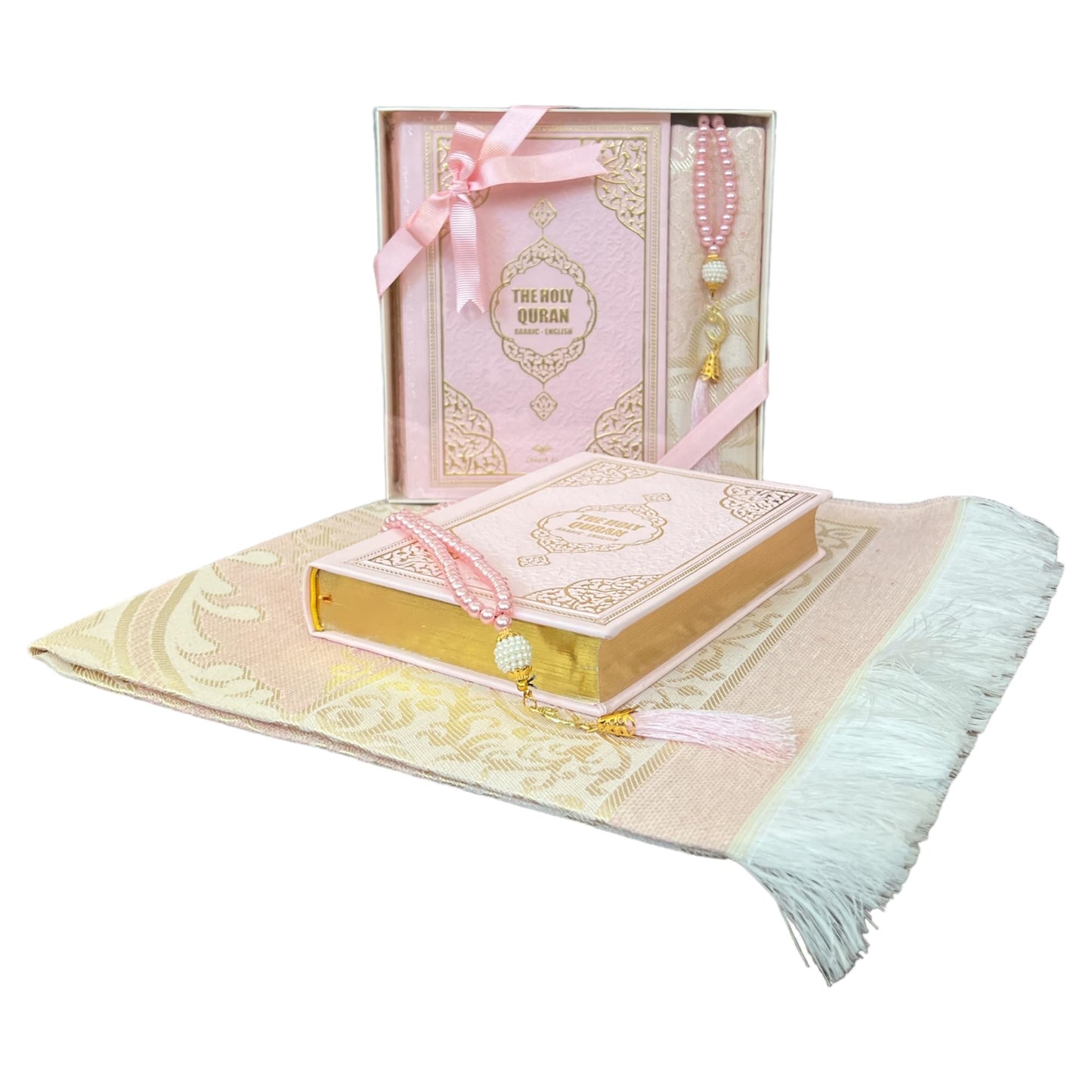 English Translate Thermo Leather Covered Quran, Tafta Prayer Mat and Beads Set |Quran