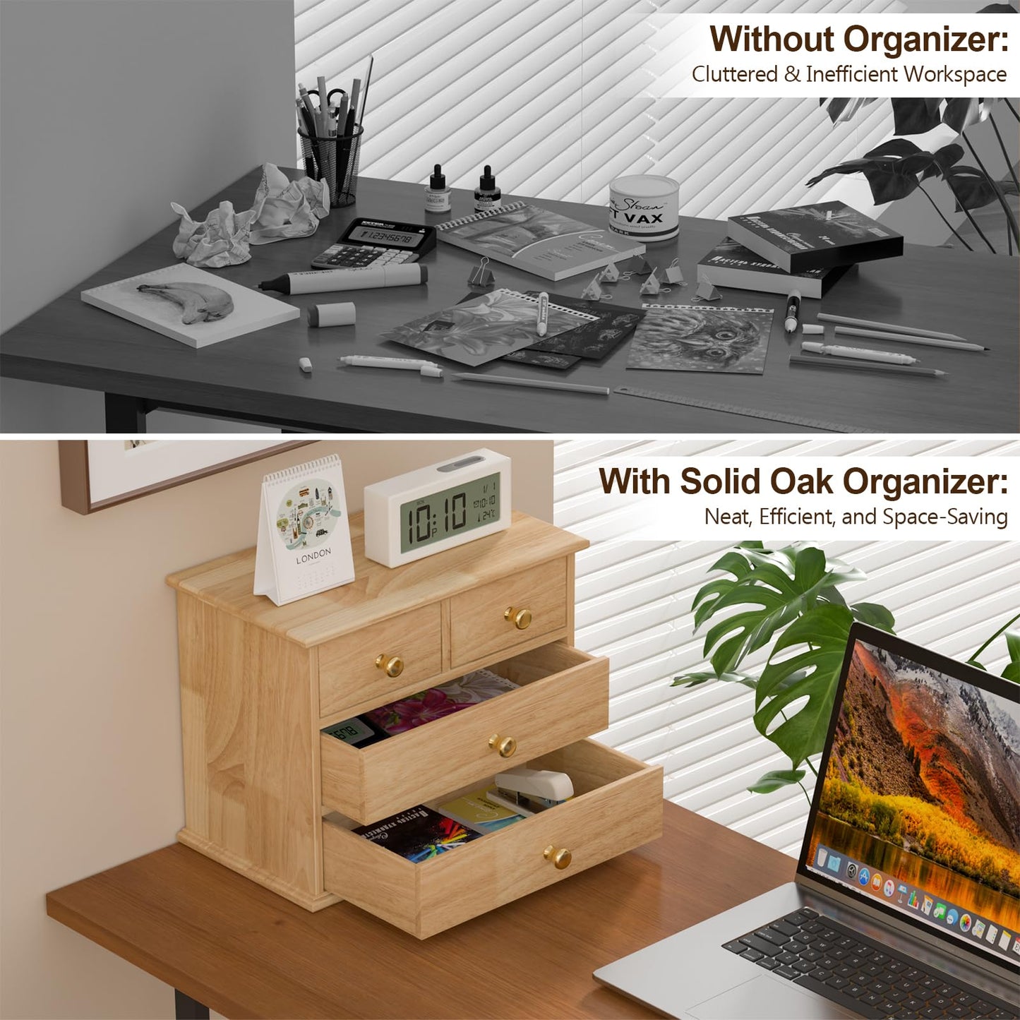 Oak Desk Organizer with Drawers, Durable Wooden Desktop Storage Box