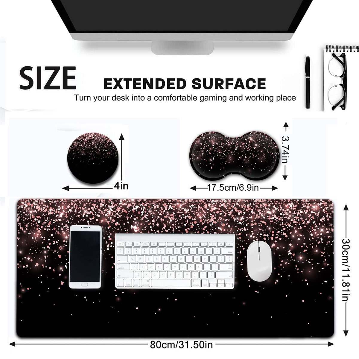 Large Mouse Pad, Extended Office Desk Pad 31.5x11.8in, Ergonomic Memory Foam Mouse Wrist Rest