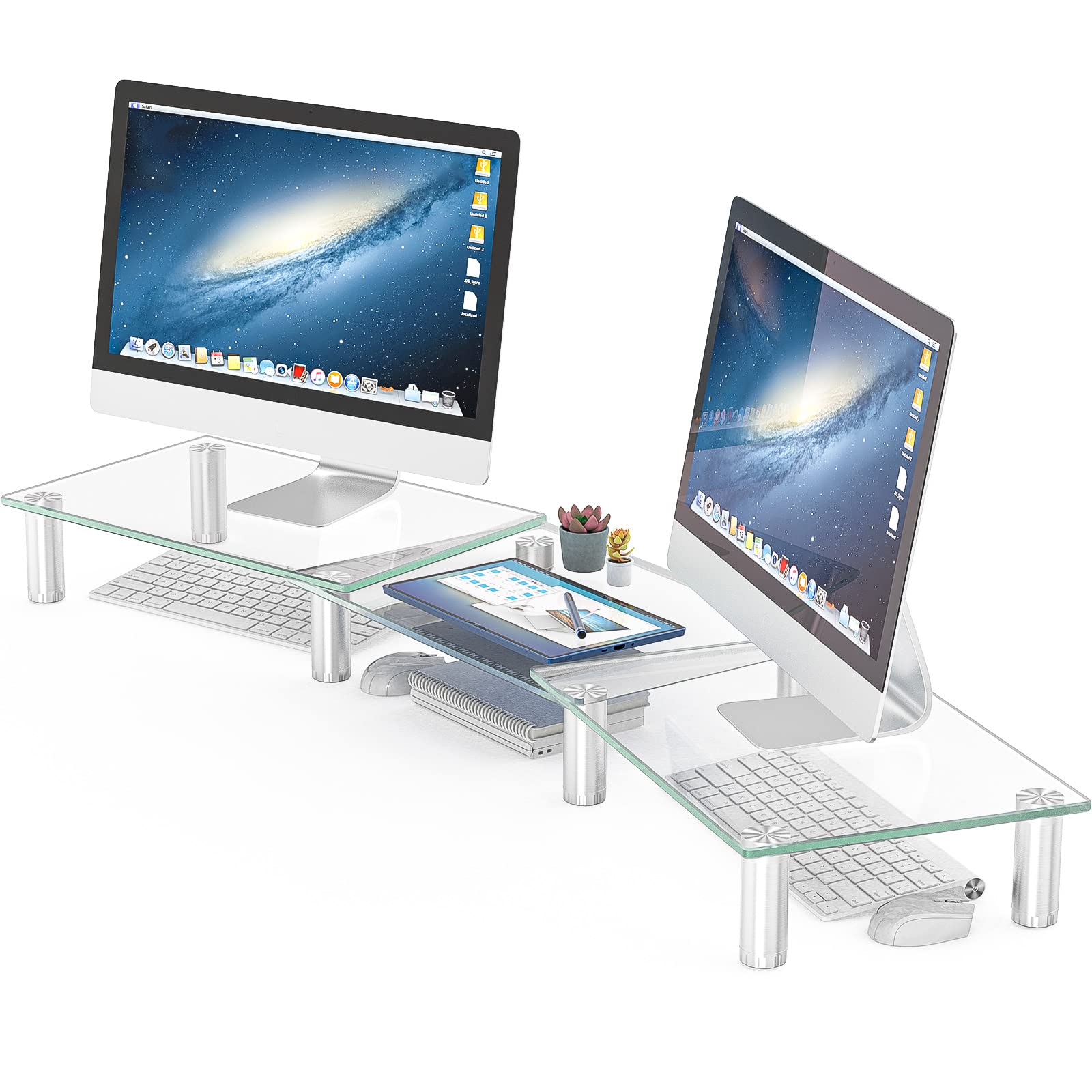 Hemudu Dual Monitor Stand -Adjustable Length and Angle Dual Monitor Riser, Desktop Organizer for