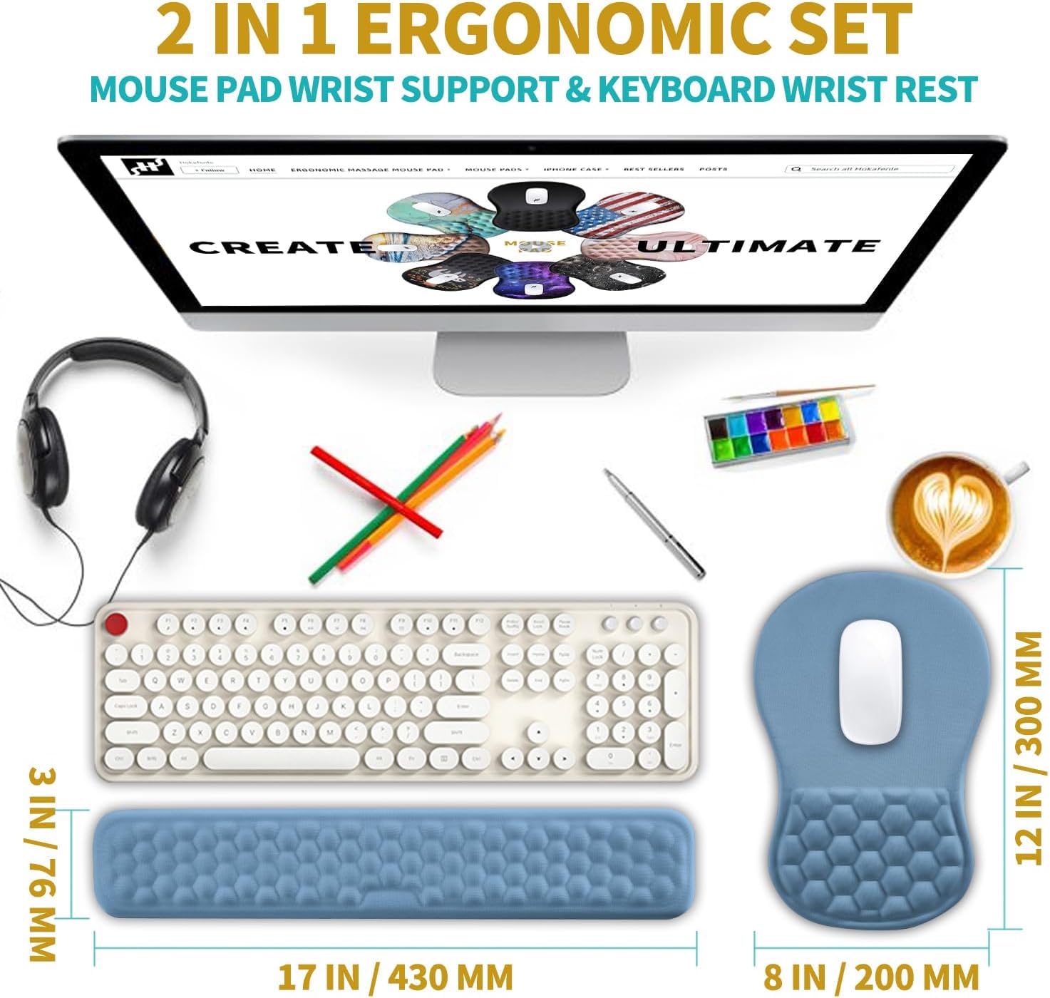 Hokafenle 2 in 1 Ergonomic Mouse Pad Wrist Support & Wrist Rest for Computer Keyboard Set, with