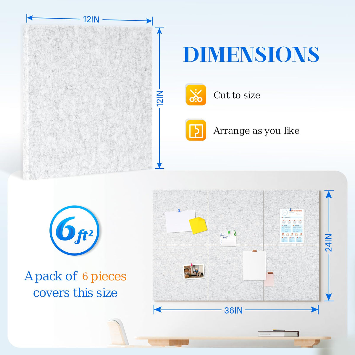 DOLLAR BOSS Felt Cork Board Tiles 6 Pcs 12"x12" Bulletin Board, Light Grey