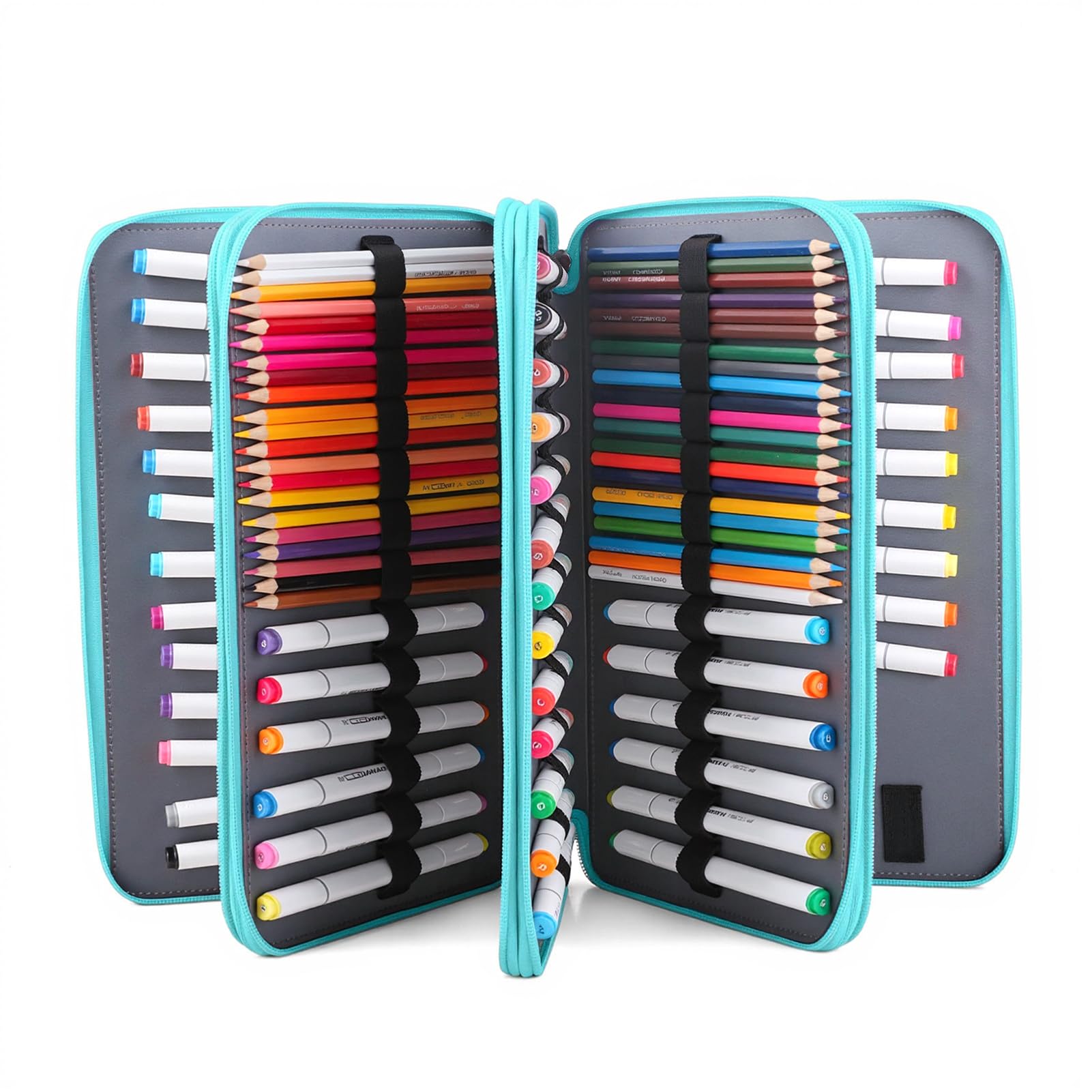 Vomgomfom 300 Slots Marker Case 4-Layer PU Leather, Handle, Solid Green